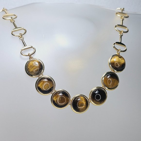 TALBOTS Tigers Eye Gold Tone Statement Necklace Semi Precious Stone - Picture 3 of 8